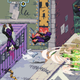 A Ninja Turtle spin-attacking to send goons flying in all directions around the street.